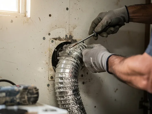 East Los Angeles Dryer Vent Cleaning technician performing precise dryer vent hose installation in East Los Angeles